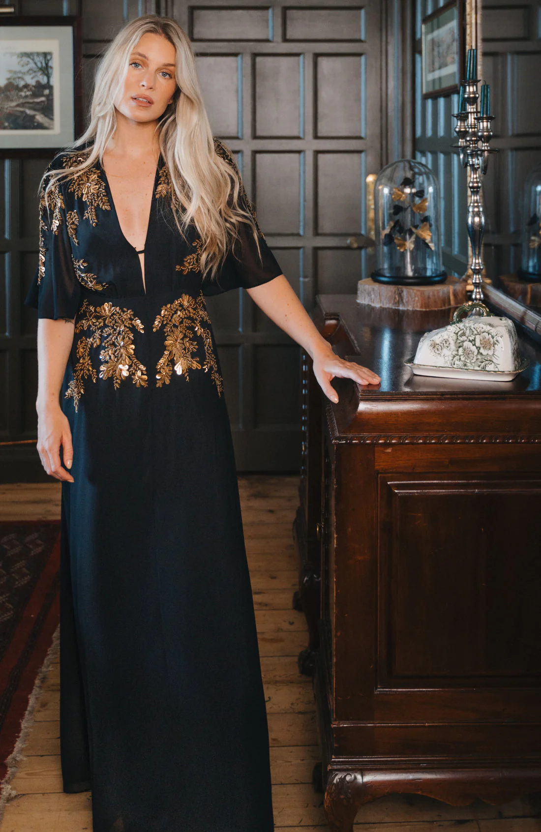 The Shay Plunge Front Embellished Maxi Dress (Black/Gold) - Image 6