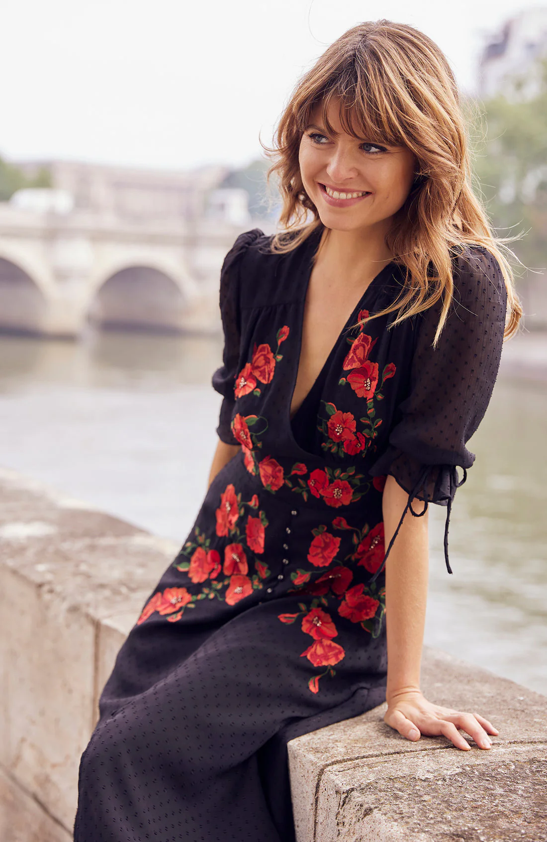 The Viola Dobby Mesh Embroidered Midi Dress With Tie Sleeves - Image 2