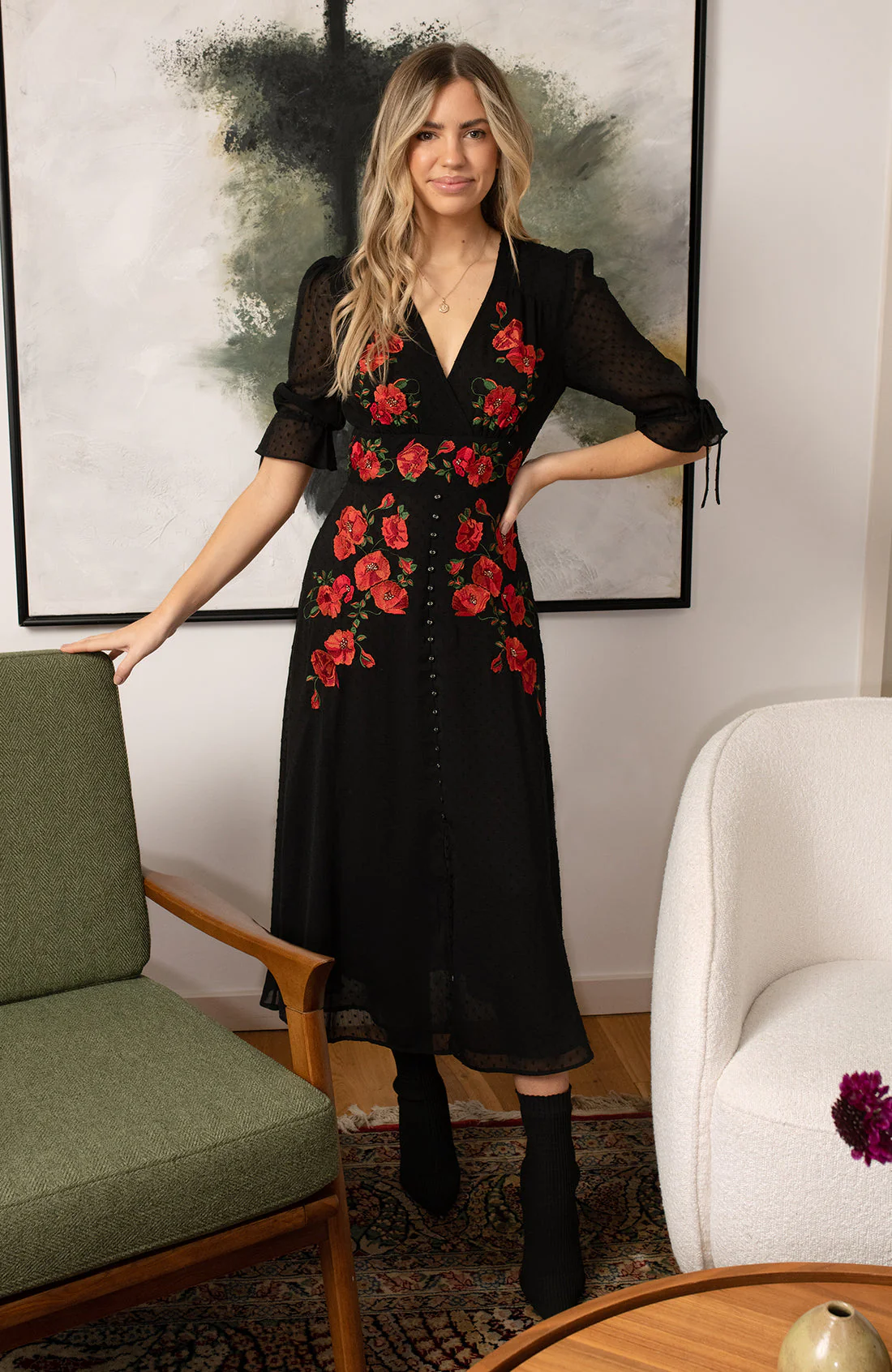 The Viola Dobby Mesh Embroidered Midi Dress With Tie Sleeves - Image 4