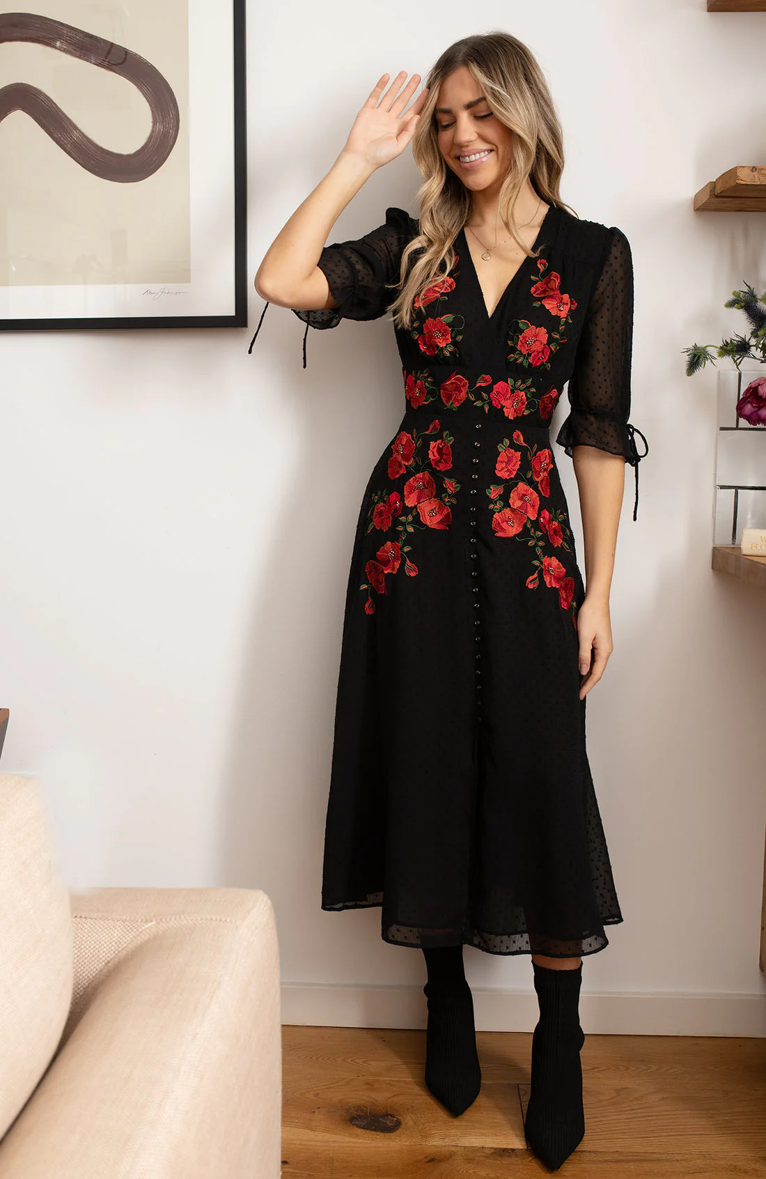 The Viola Dobby Mesh Embroidered Midi Dress With Tie Sleeves - Image 6