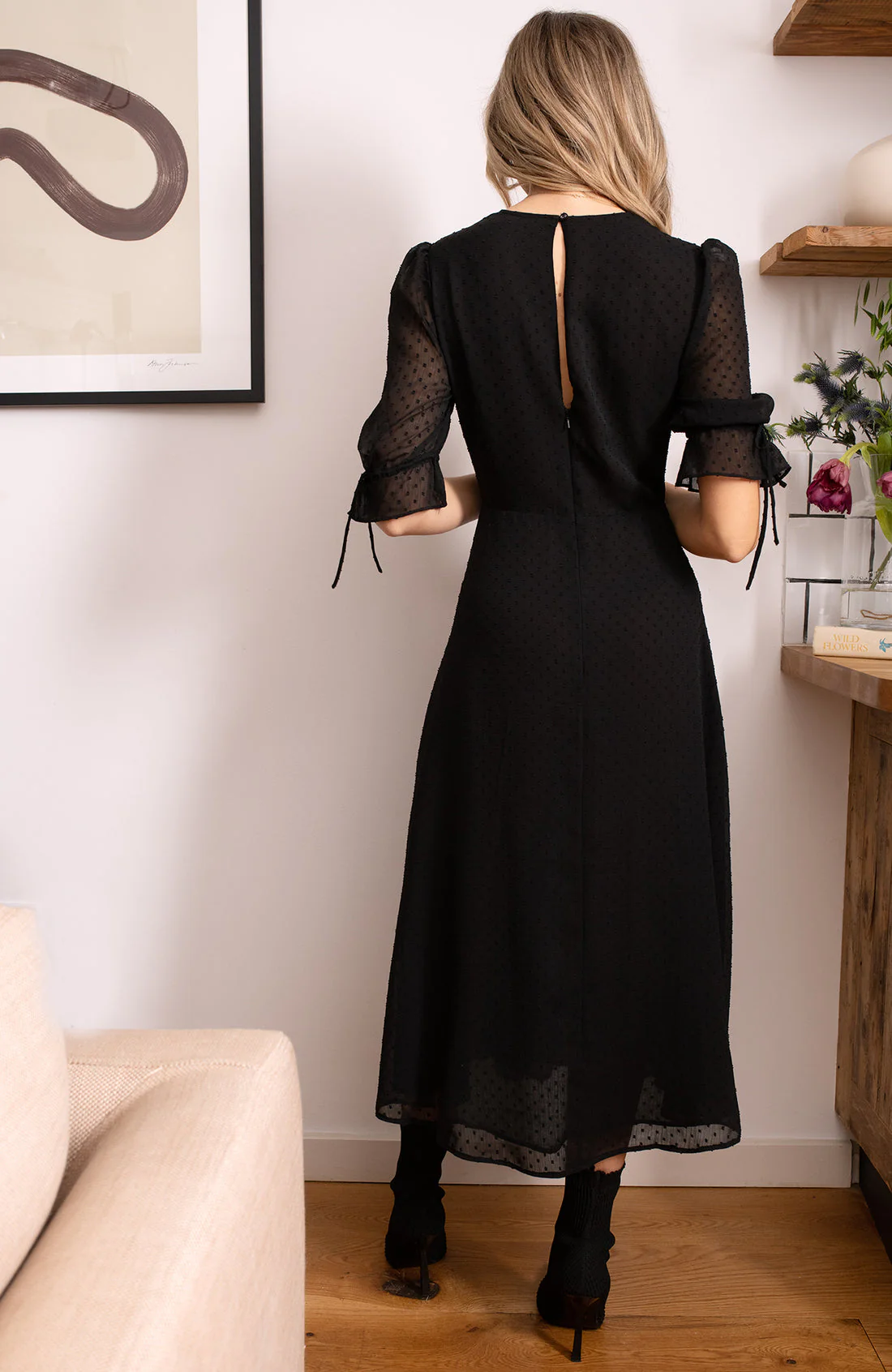 The Viola Dobby Mesh Embroidered Midi Dress With Tie Sleeves - Image 7