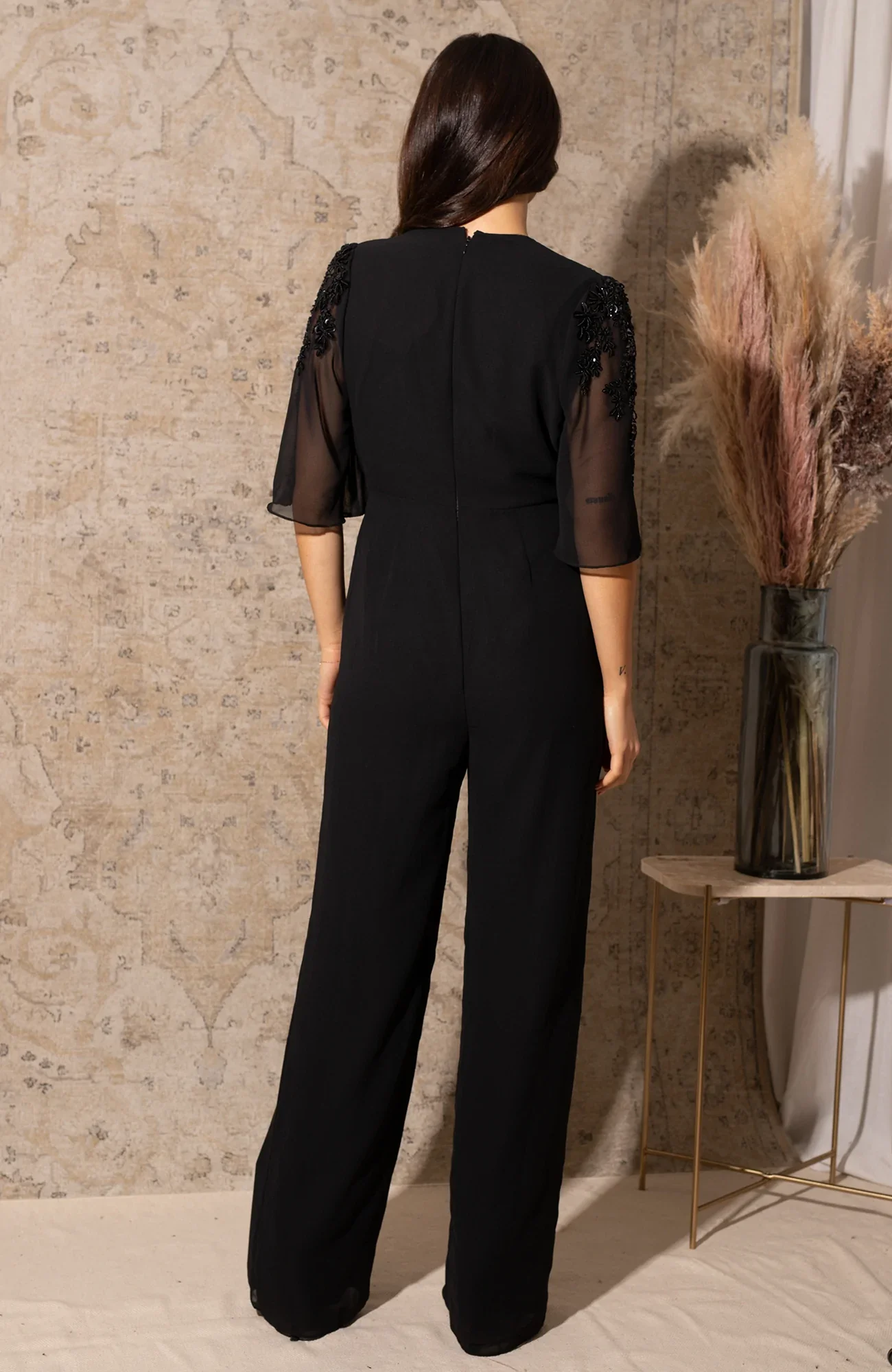 The Zoey Plunge Front Embellished Jumpsuit (Black) - Image 3