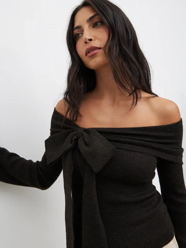 Tilda Bardot Bow Knit Top (Brown) - Image 2