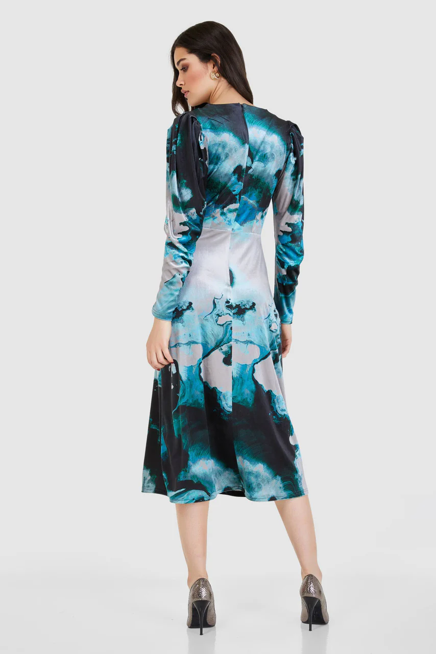 Ashta Velvet Wrap A-Line Midi Dress (Teal) - Image 3