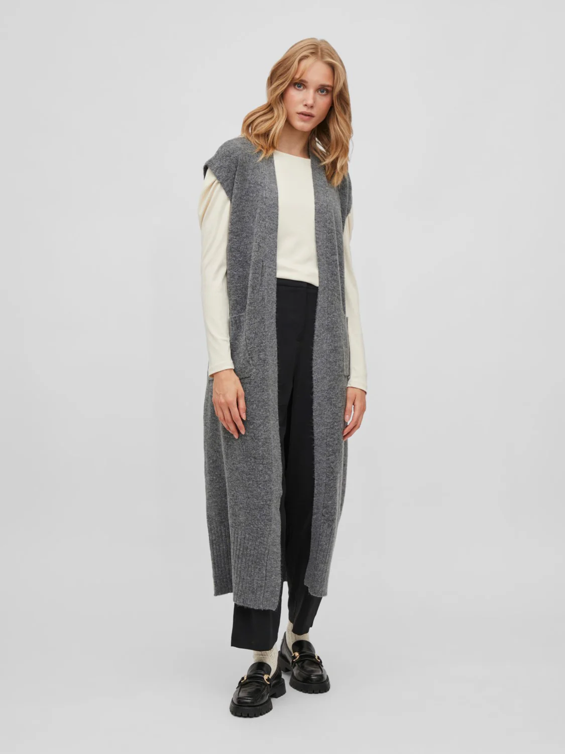 Vicalia Belted Long Knit Vest (Medium Grey Melange) - Image 3