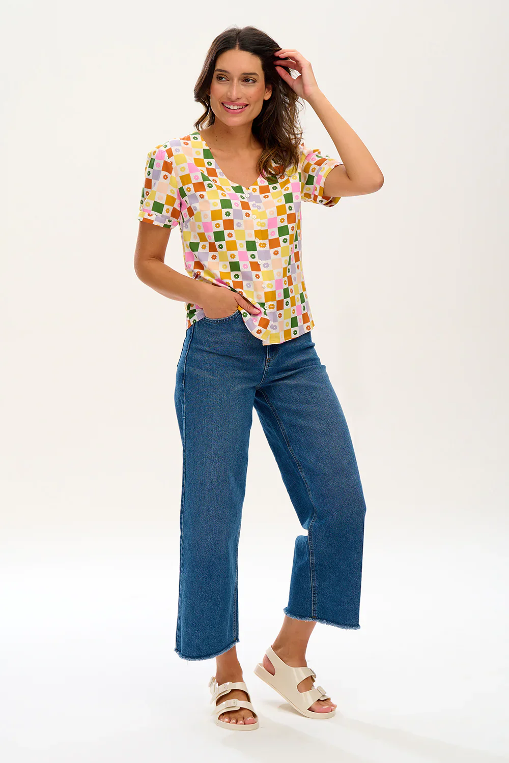 Viola Blouse - Multi, Floral Checkerboard - Image 4