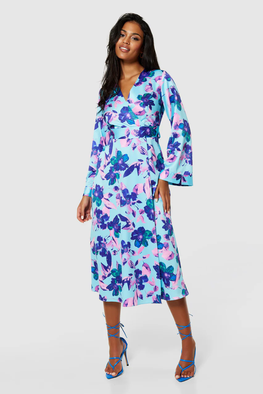 Wilma Faux Wrap Dress (Aqua Floral) - Image 3
