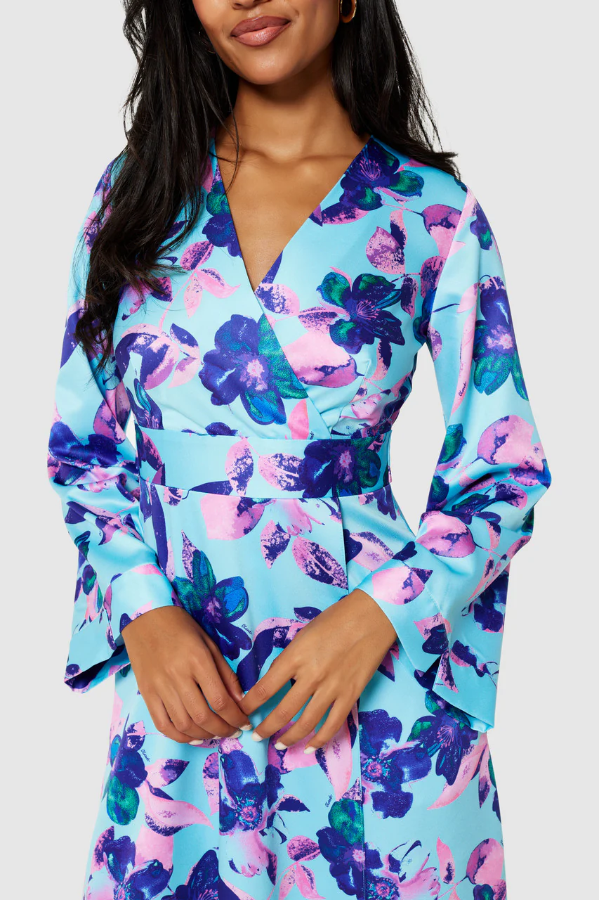 Wilma Faux Wrap Dress (Aqua Floral) - Image 4