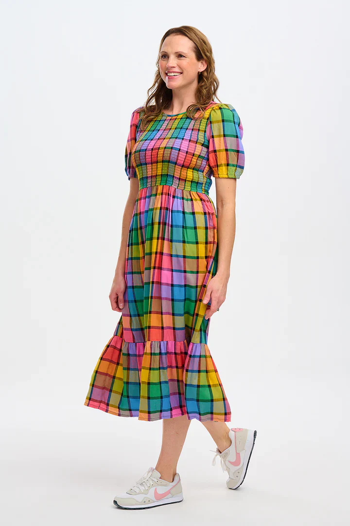 Yolanda Midi Shirred Dress (Multi Summer Rainbow Check) - Image 2