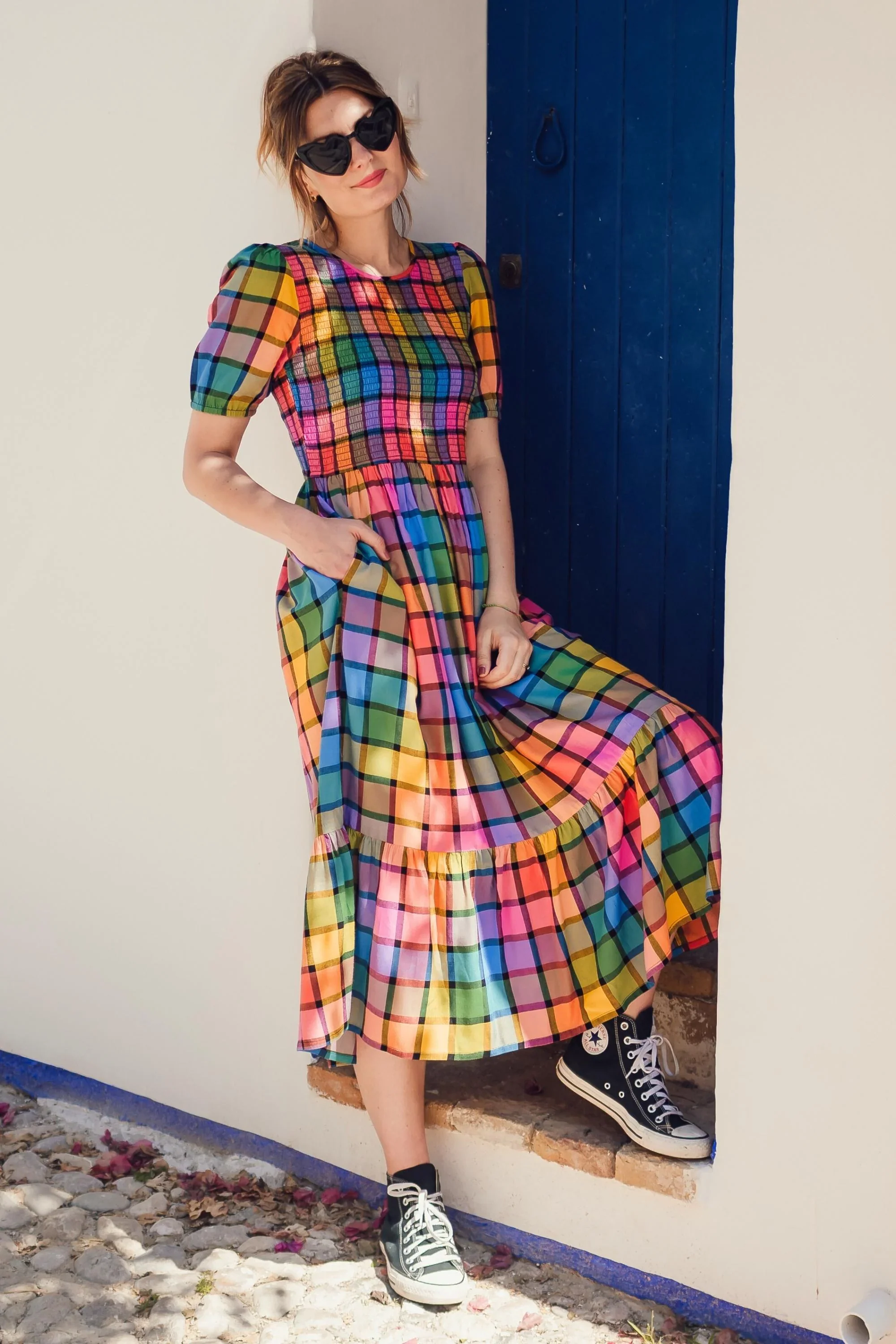 Yolanda Midi Shirred Dress (Multi Summer Rainbow Check) - Image 4
