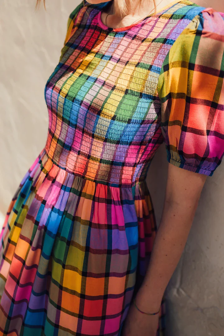 Yolanda Midi Shirred Dress (Multi Summer Rainbow Check) - Image 5