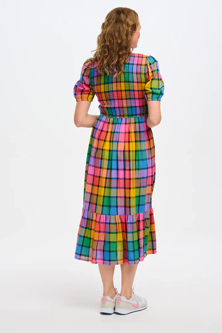 Yolanda Midi Shirred Dress (Multi Summer Rainbow Check) - Image 6