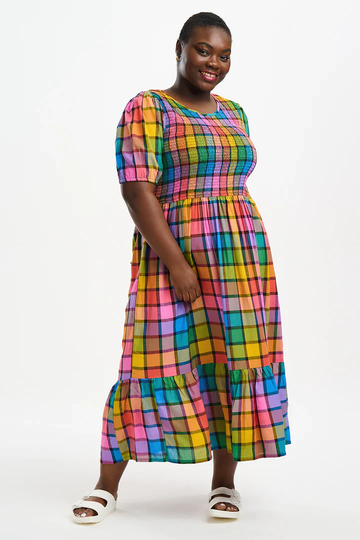 Yolanda Midi Shirred Dress (Multi Summer Rainbow Check) - Image 7