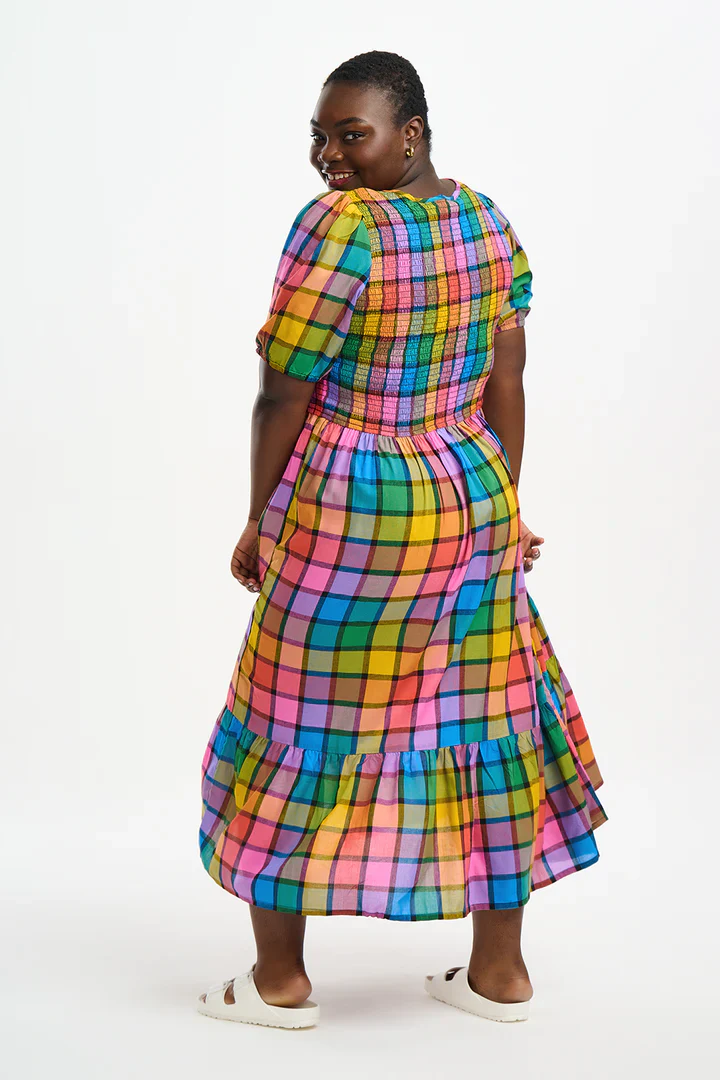 Yolanda Midi Shirred Dress (Multi Summer Rainbow Check) - Image 8