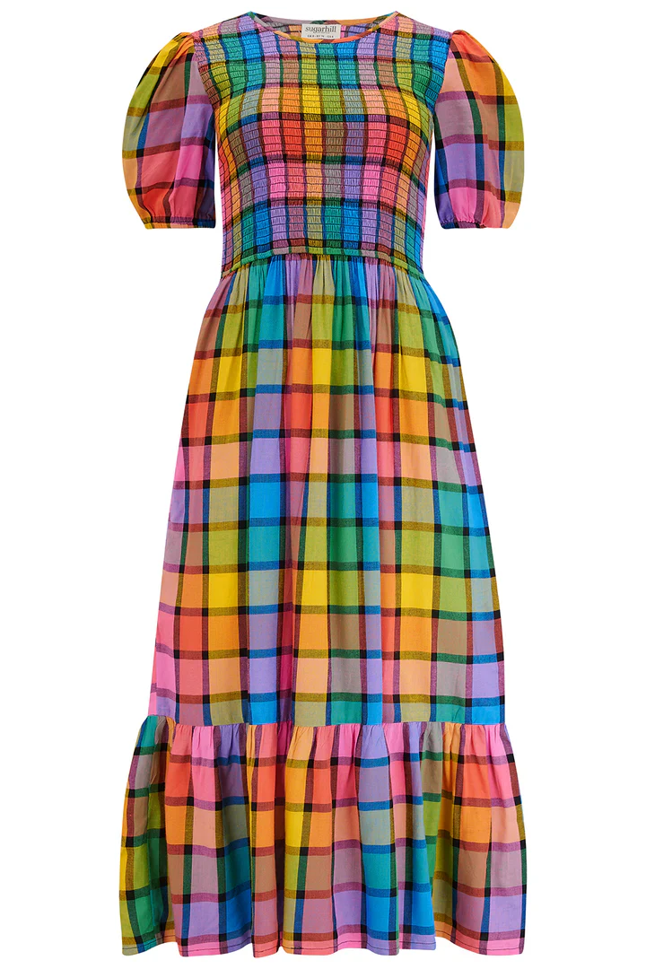 Yolanda Midi Shirred Dress (Multi Summer Rainbow Check) - Image 9