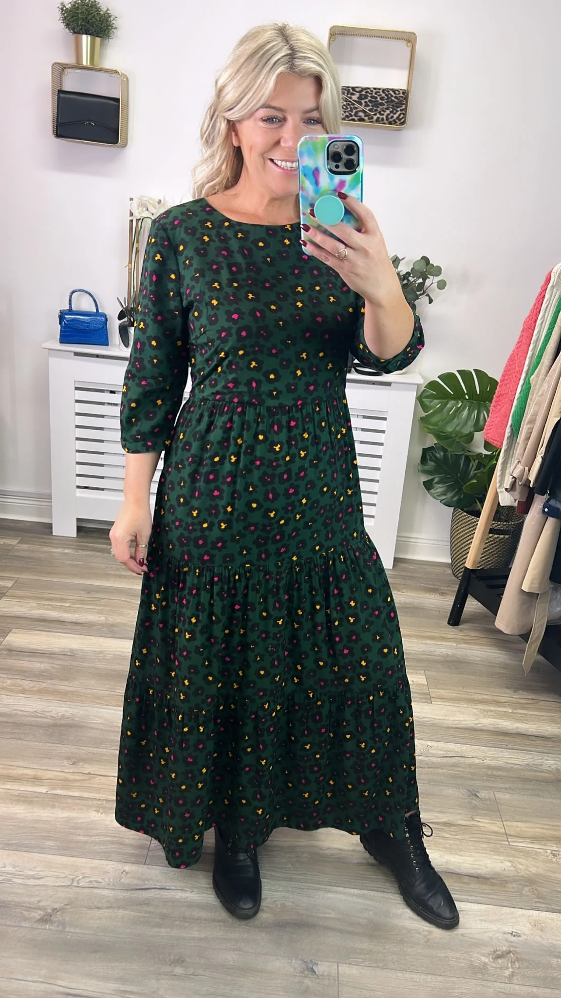Zaina Tiered Maxi Dress -Green, Painted Floral - Image 2
